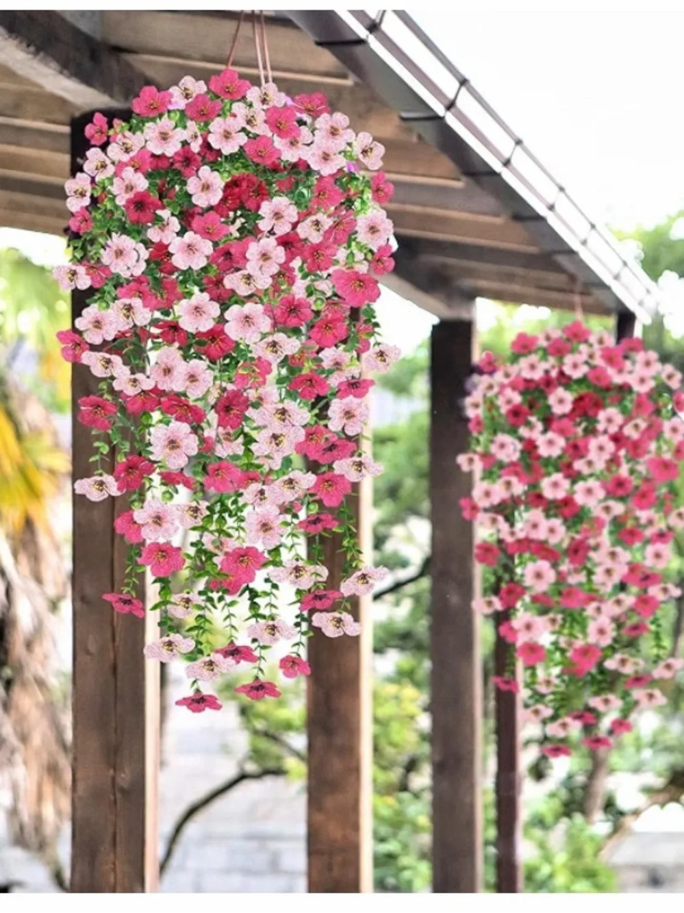 2 Pack Artificial Hanging Flower Baskets UV Resistant Pink Outdoor Vines